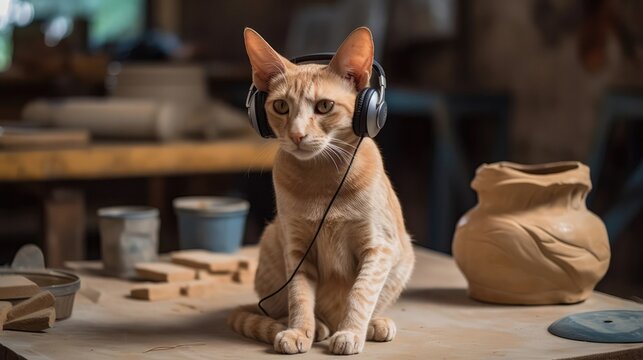 Cat In The Headphones In Pottery Classes. Generative AI