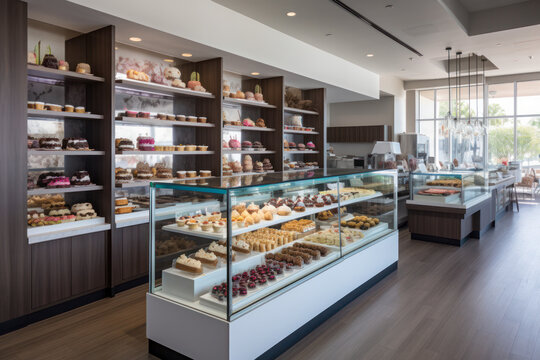 Modern Confectionery Interior: A Bright, Elegant, and Comfortable Space Featuring Minimalist Design Elements, Glass Display Cases, and a Wide Variety of Mouth-Watering Pastries and Desserts.