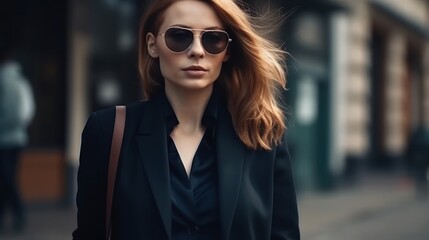Stylish pretty businesswoman in walking down the street. 