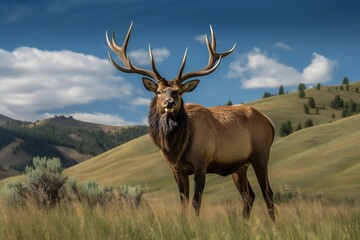AI Generative. "Discover the Majestic Beauty of the Elk and its Impressive Antlers in a Grassy Meadow!"