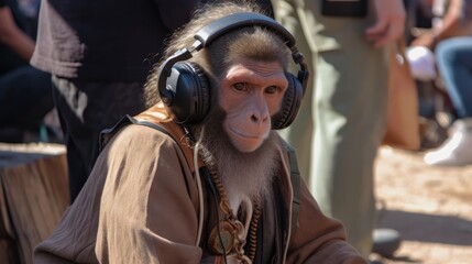 Fototapeta na wymiar Monkey In The Headphones In Renaissance Fairs. Generative AI
