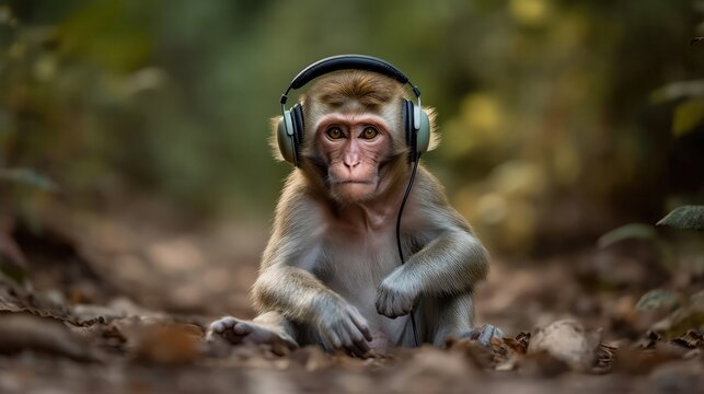 Monkey In The Headphones In Picnics. Generative AI