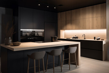 Fototapeta premium Elegant modern kitchen interior design front view, black furniture, counter table and chairs. Generative AI 3D render home interior design