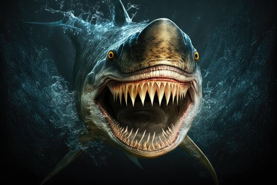 Great white shark in deep blue water