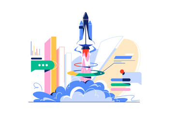 Startup rocket on infographics background