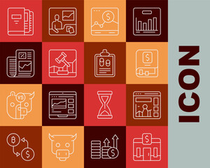 Set line Bank building, Website with growth graph, Financial book, Online internet auction, Business finance report, Office folders and icon. Vector