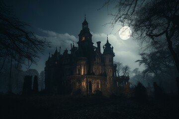 Eerie Gothic mansion, fortress silhouetted against the moonlit sky. Sci-Fi. Generative AI