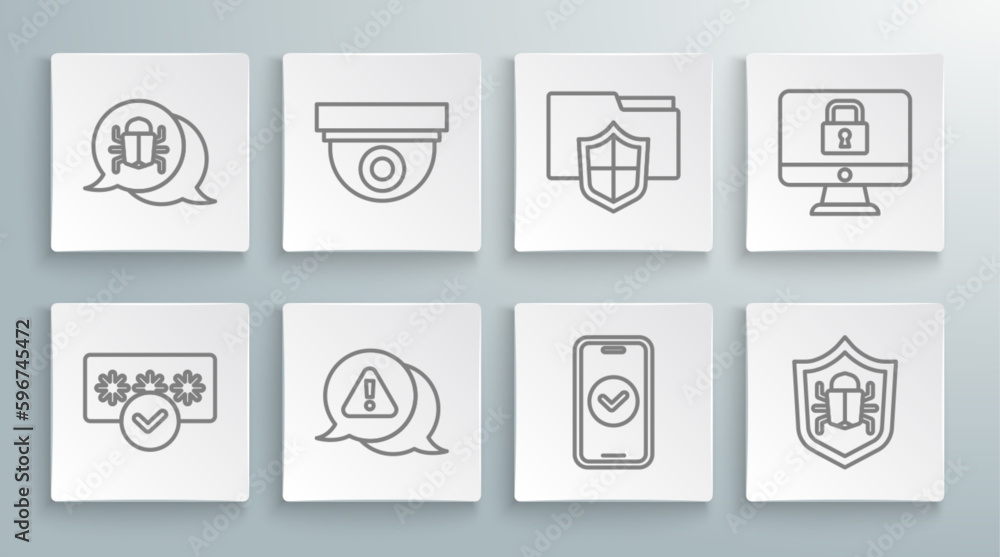 Poster set line password protection, security camera, exclamation mark in triangle, smartphone, system bug,