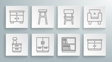 Set line Furniture nightstand with lamp, Chair, Wardrobe, Library bookshelf, Armchair and icon. Vector