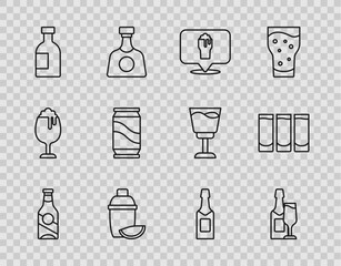 Set line Beer bottle, Champagne and glass, Alcohol or beer bar location, Cocktail shaker with lime, Glass of vodka, can, and Shot icon. Vector