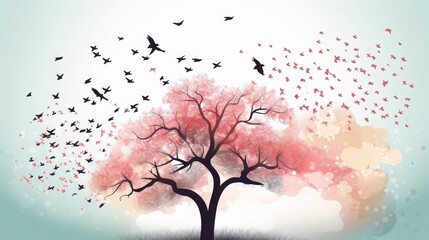 Watercolor Spring Tree with Flying Birds