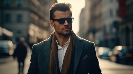 Fototapeta premium Handsome businessman walking in the street. Generative AI 