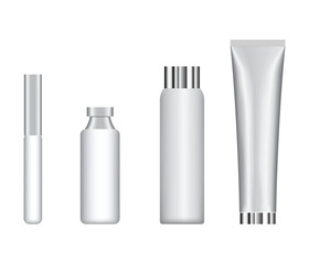 Plastic beauty containers set. Cream, lotion, spray, oil, shampoo, hand soap, gel, milk, balm, vector illustration. Mock up template packaging of cosmetic products in tubes and jars.