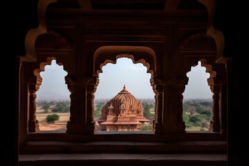 window, with view of hindu temple, showcasing the beauty and grandeur of the sacred space, created with generative ai
