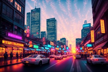 Fototapeta na wymiar Modern city streets at night, skyscrapers and street lights, traffic and people. Generative AI.