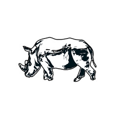 black and white sketch of a rhinoceros with transparent background