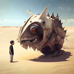 3d rendering of a boy in the desert with a giant monster