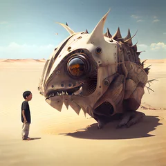 Papier Peint photo Dinosaures 3d rendering of a boy in the desert with a giant monster