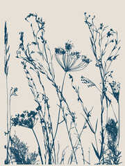 Nature Pattern. Organic Texture. Flower Ornament. Fabric and Textile Print. Herbs Stamp Indigo Blue. Ink Drawing Overprint.