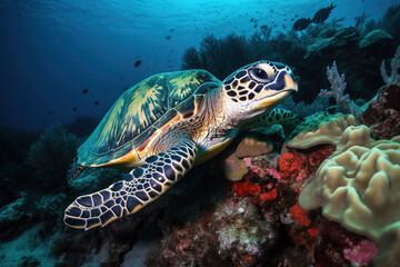 Obraz na płótnie Canvas Image of hawksbill turtle swimming under the sea. underwater animals. illustration, generative AI.