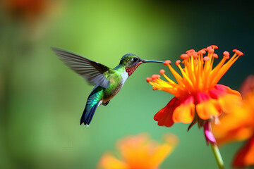 Image of hummingbird in flight feeding on flower nectar on natural background. Birds. illustration, generative AI