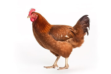 Fototapeta premium image of standing brown hen on white background. Farm Animals. illustration, generative AI.