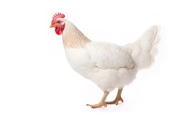Fototapeta premium image of standing white hen on white background. Farm Animals. illustration, generative AI.