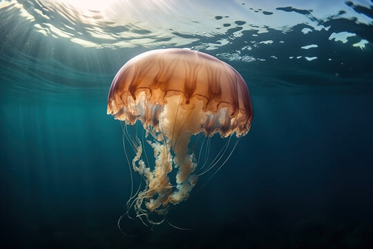 image of a jellyfish swimming under the sea. underwater animals. illustration, generative AI.