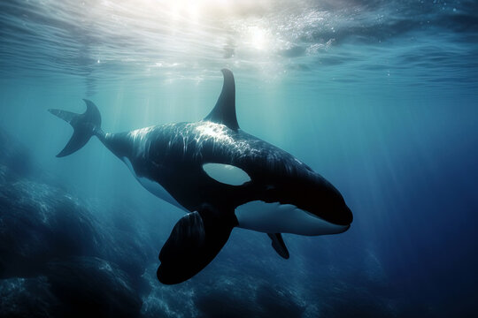 Image of orca or killer whale swimming under the sea. underwater animals. illustration, generative AI.