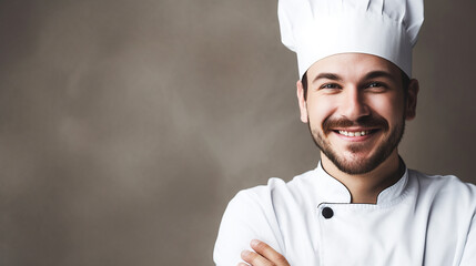 Young smiling chef on the grey background, banner, copyspace. Generative AI