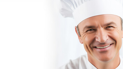 Male smiling chef on the white background, banner, copyspace. Generative AI