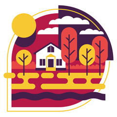 Naklejka premium Beautiful autumn rural scene with houses and trees