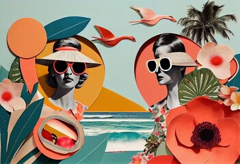 Fototapeta na wymiar Retro stylefashion woman wearing trendy sunglasses. Pin up girl. Colorful creative vacation holidays travel concept. Paper collage, tropical flowers, happy people, pop colors.