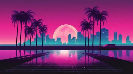 Foto op Canvas Retro vibe sunset on the vice city beach 80s style © Wadah