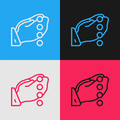 Pop art line Hands in praying position with rosary icon isolated on color background. Praying hand islam muslim religion spirituality religious. Vector