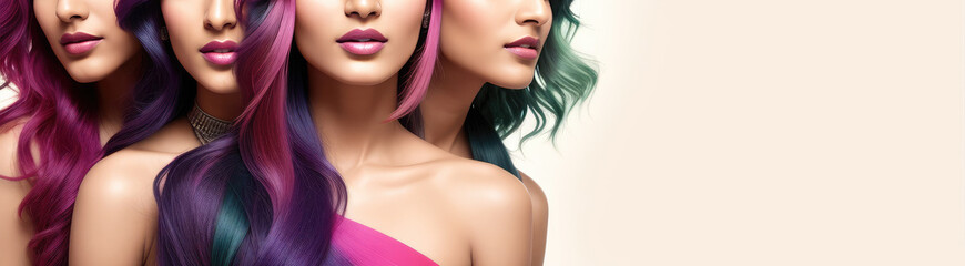 Web banner of beauty hair salon. Group of close up multiracial women with bright multicolored rainbow hair. Copy space. Generative Ai. Hair care and dyed - obrazy, fototapety, plakaty