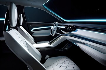 Obraz na płótnie Canvas car interior with sleek surfaces, minimalist design and futuristic technology, created with generative ai