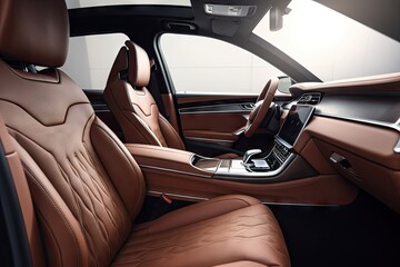 a sleek, minimalist car interior with luxurious leather seats and state-of-the-art technology, created with generative ai