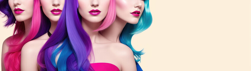 Web banner of beauty hair salon. Group of multiracial women with bright multicolored rainbow hair. Copy space. Generative Ai. Hair care and dyed - obrazy, fototapety, plakaty