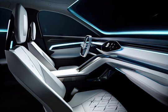 car interior with sleek surfaces, minimalist design and futuristic technology, created with generative ai