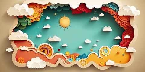 Creative paper cut style of blue sky and clouds for design projects related to nature environment or decoration. Generative AI