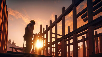 Silhouette of a construction worker building a residential home at sunset by generative AI