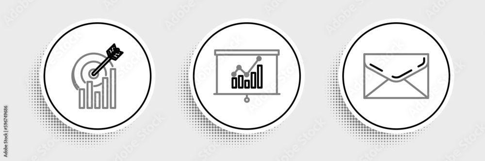 Poster set line envelope, target with graph chart and board icon. vector