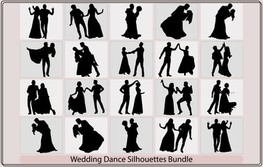 Couple Wedding dancing silhouette,Male And Female Dancing silhouettes Collection,Bride and groom in wedding silhouettes illustration
