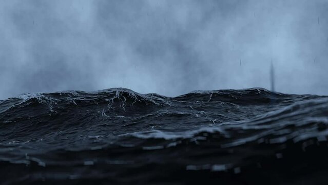 3D 4k Animation. stormy ocean big waves in the sea. Camera goes underwater. Ocean Waves During a Storm. dark sky. it's raining
