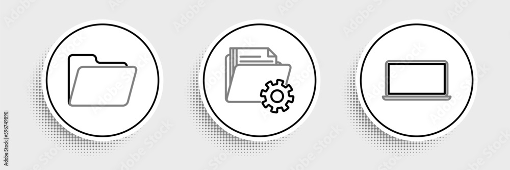 Poster set line laptop, document folder and folder settings with gears icon. vector