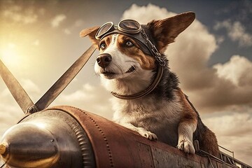 pilot dog taking off in vintage plane, with its nose pointed toward the sky, created with generative ai - obrazy, fototapety, plakaty