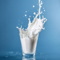 Cold milk splashing on a blue surface with droplets, showcasing the freshness and purity is AI Generative.
