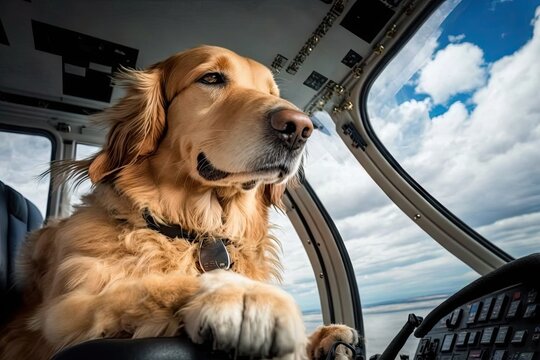 dog sitting in pilot's seat with its paws on the controls, created with generative ai