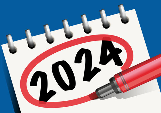 Concept de l’objectif à atteindre pour une entreprise, avec l’année 2024 écrit sur un bloc-note, entouré de rouge.